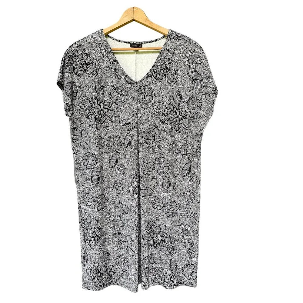 J. Jill Wearever Black Gray Floral Cap Sleeve Pleat V-Neck Dress Petite Medium - Picture 2 of 10